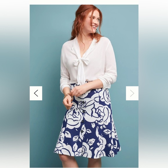 Anthropologie Maeve Amiens Flounced Skirt Blue White Floral Lined Midi XSmall - Picture 5 of 9